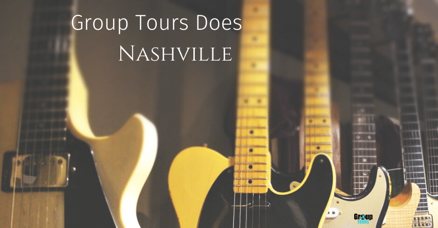 Group Tours Does Nashville blog title over several guitars on rack