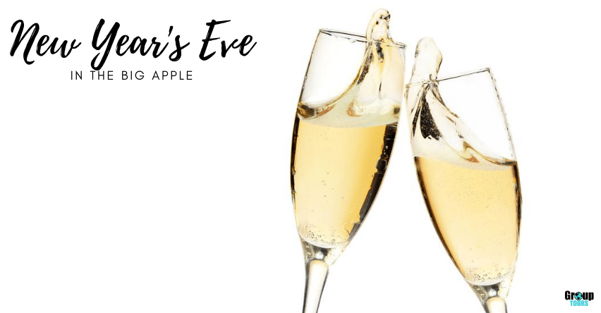 New Years Eve in the Big Apple blog title next to two clinking glasses of champaign