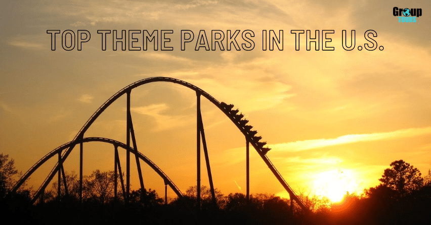 Top Theme Parks in the U.S. blog title over silhouette of roller coaster at sunset