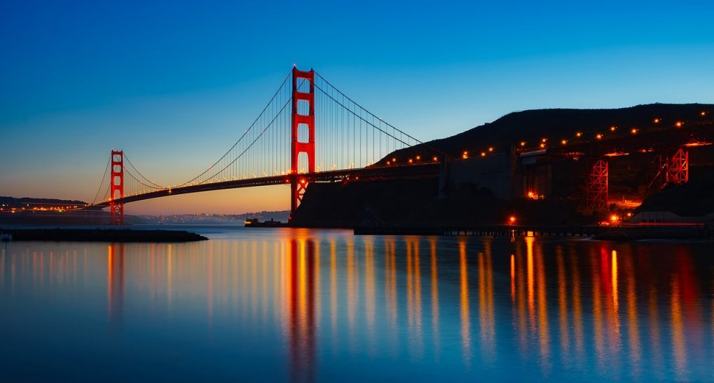Panorama of golden gate bridge lit up and