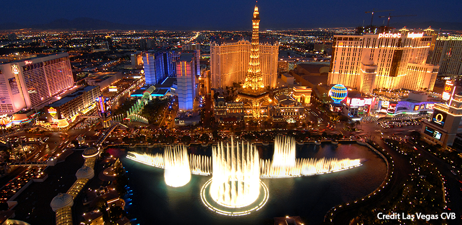Aerial view of Las Vegas Strip lit up at night
