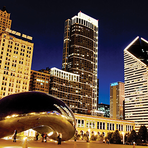 Millenium Park with Chicago bean lit up at night