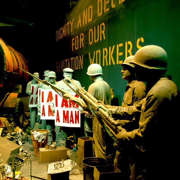 National Civil Rights Museum. A display in the National Civil Rights Museum reminds visitors of the garbage strike in Memphis, Tn. that brought Dr. Martin Luther King Jr. to town.
