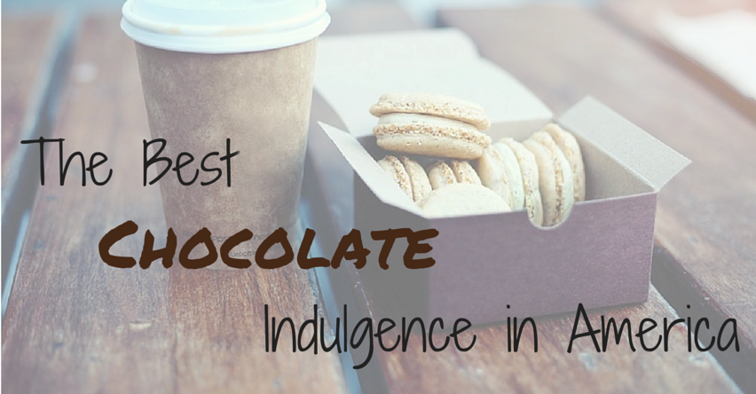 The best chocolate indulgence in America blog title next to to go coffee cup and Macarons