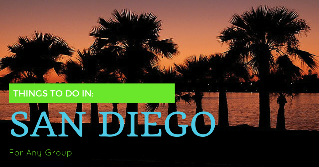 Things to do in San Diego blog title over Palm trees on beach at sunset