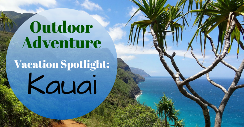 Outdoor Adventure Vacation Spotlight Kauai blog title over Aerial view of forest next to ocean