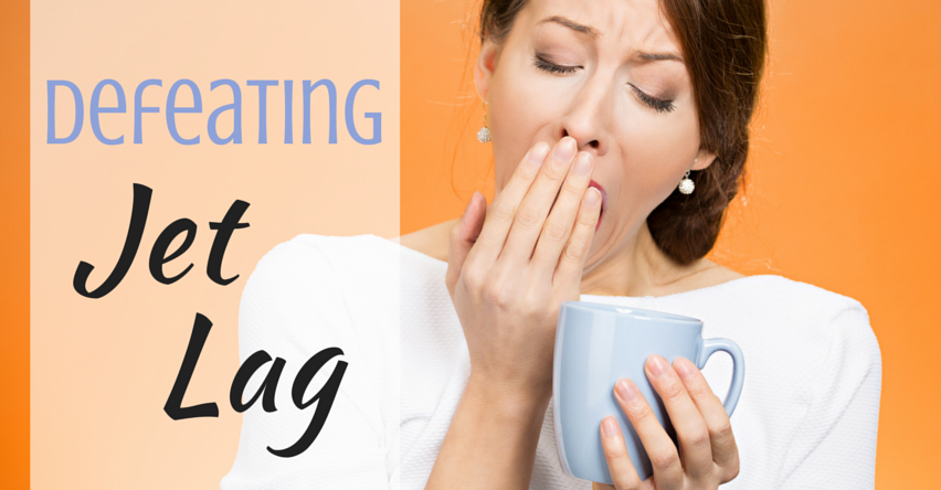 Defeating Jet Lag blog title next to yawning woman holding a mug