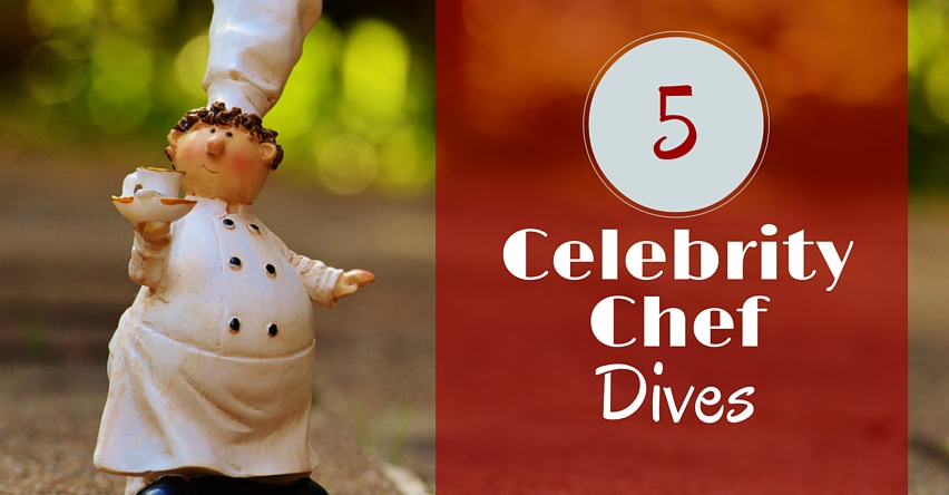 5 Celebrity Chef Dives blog title next to small wooden statue of chef holding tea cup