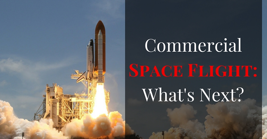 Commercial Space Flight: What's Next? blog title next to spaceship taking off
