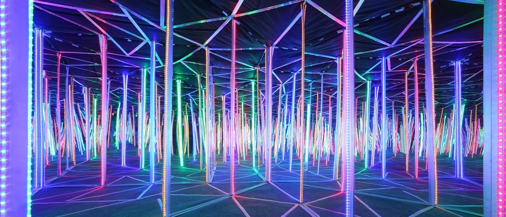 Mirror labyrinth illuminated with bright multicolored light