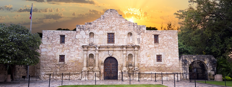 Exterior view of the historic Alamo shortly after sunrise