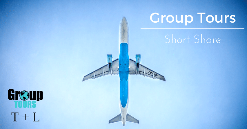 Group Tours Short Share blog title next to airplane in the sky