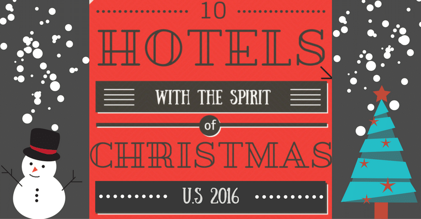10 Hotels With the Spirit of Christmas 2016 blog title next to illustration of Snowman and Christmas tree