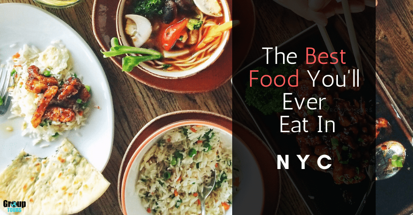The Best Food You'll Ever Eat In NYC in front of many plates of different foods