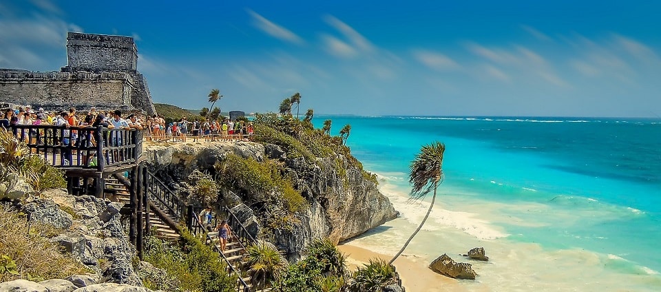 Tourist Crowd at beach overlook in Tulum