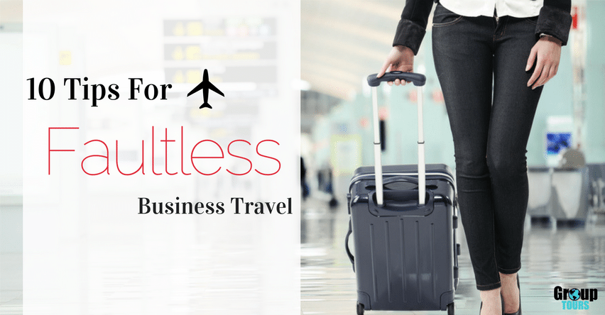 10 Tips for Faultless Business Travel blog title with airplane icon next to business woman pulling suit case