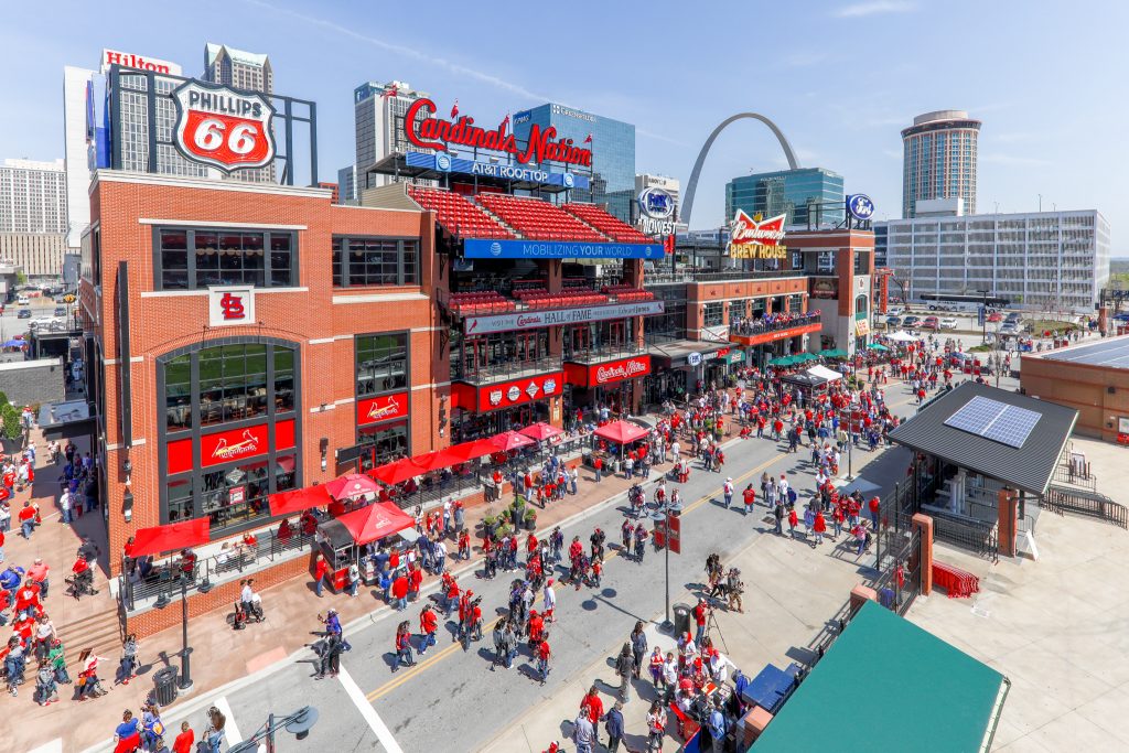 Ballpark Village St. Louis outside Busch Stadium home of the St. Louis Cardinals before crowded game