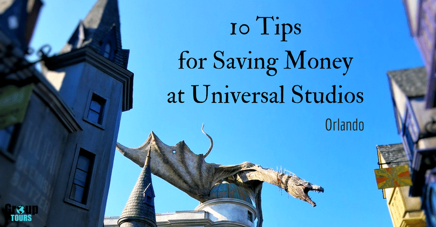10 Tips for Saving Money at Universal Studios Orlando blog title over dragon on building in park