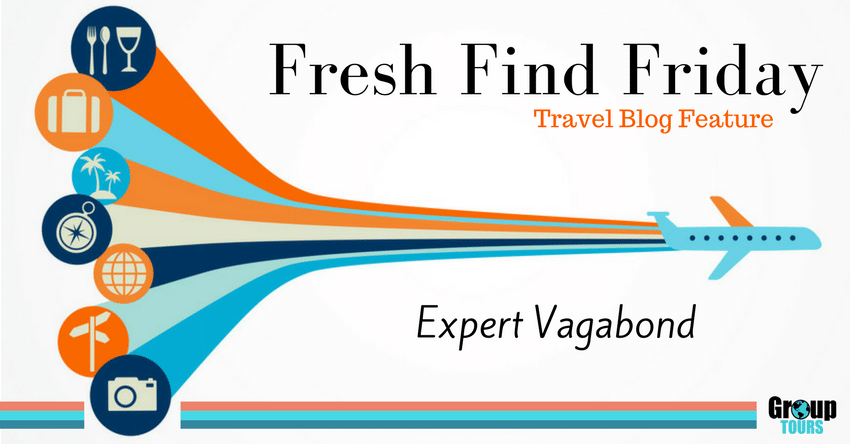 Fresh Find Friday Travel Blog Feature Expert Vagabond Blog title over graphic of airplane with several travel icons behind it