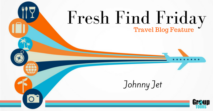 Fresh Find Friday Travel Blog Feature Johnny Jet Blog title over graphic of airplane with several travel icons behind it