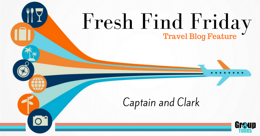 Fresh Find Friday Travel Blog Feature Captain and Clark Blog title over graphic of airplane with several travel icons behind it