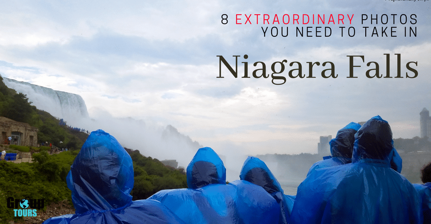8 Extraordinary Photos You Need to Take in Niagara Falls bog title over tourists in blue ponchos at Niagara falls