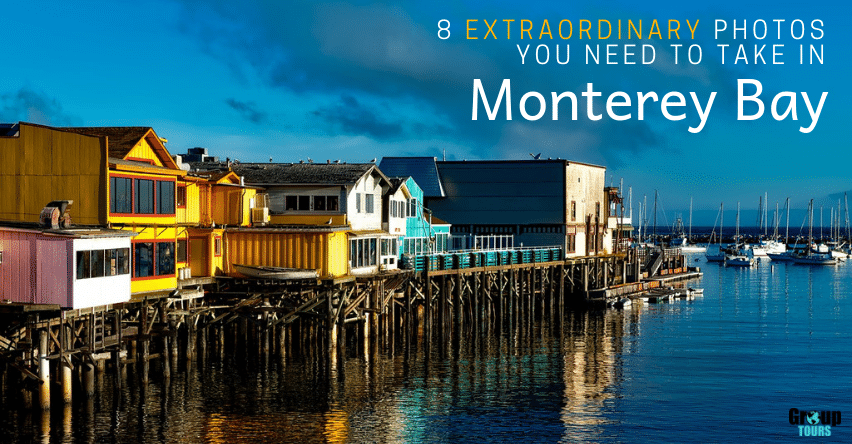 8 Extraordinary Photos You Need to Take in Monterey Bay blog title over Colorful businesses on the Fishermans Wharf Monterey