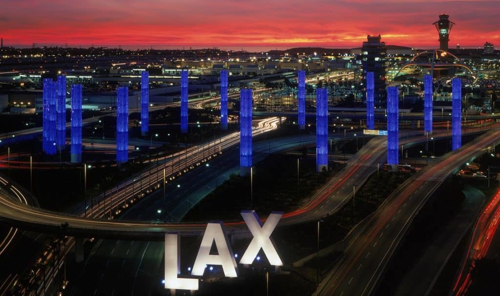 Highways around LAX airport lit up at night