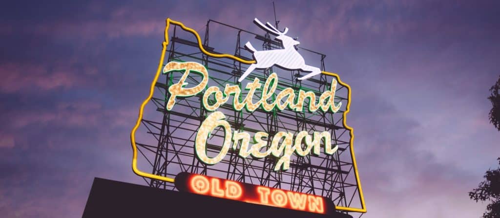 Portland Oregon Old town with deer neon sign lit up at night