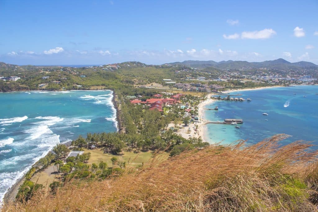 Aerial view of St. Lucia from tall hill overlooking city and ocean on either side
