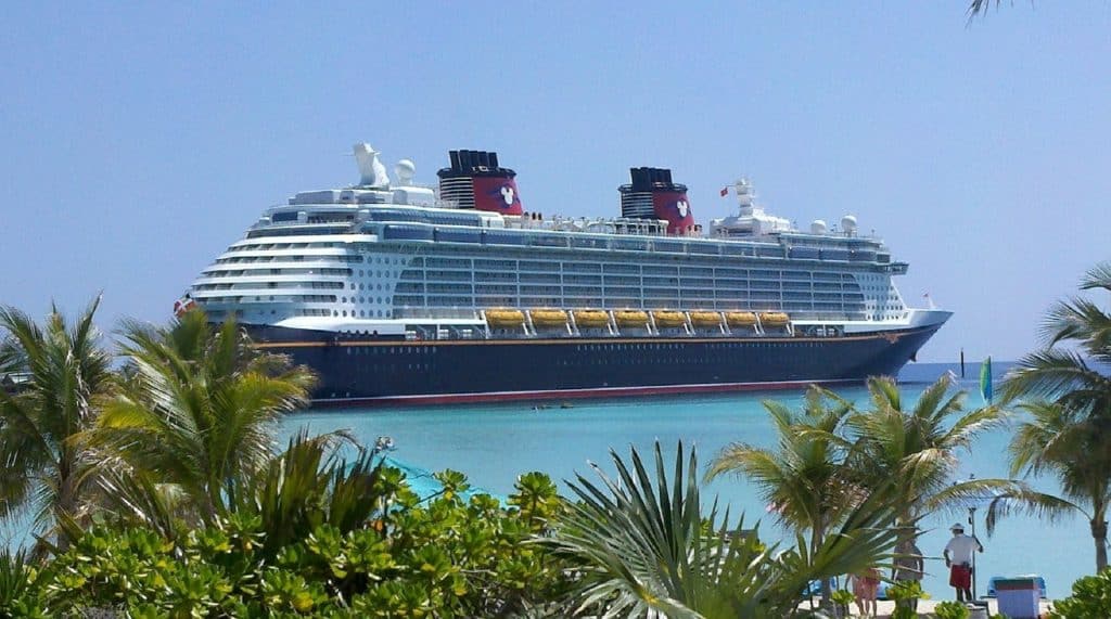 Disney Cruise Ship seen from island with vibrant plants