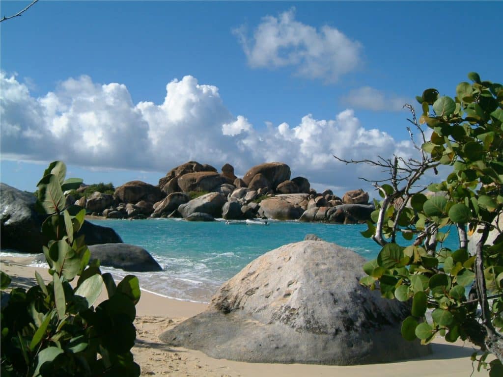 Virgin Islands Beach with large smooth rocks and foliage