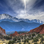 A High Dynamic Range photo of the Garden of the Gods park in Colorado Springs, Colorado with Pikes peak in the background.