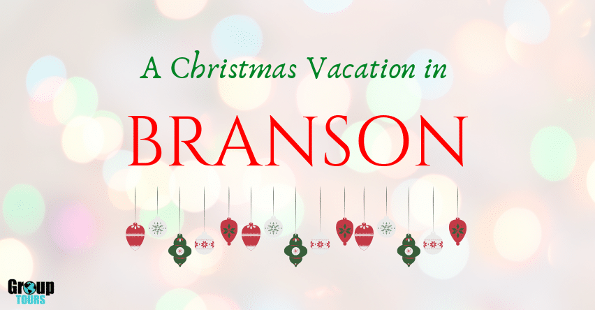 A Christmas Vacation in Branson with ornament graphic in front of blurry Christmas light background