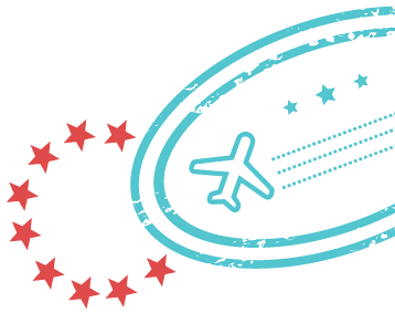Teal Travel Stamp Graphic with Airplane and stars