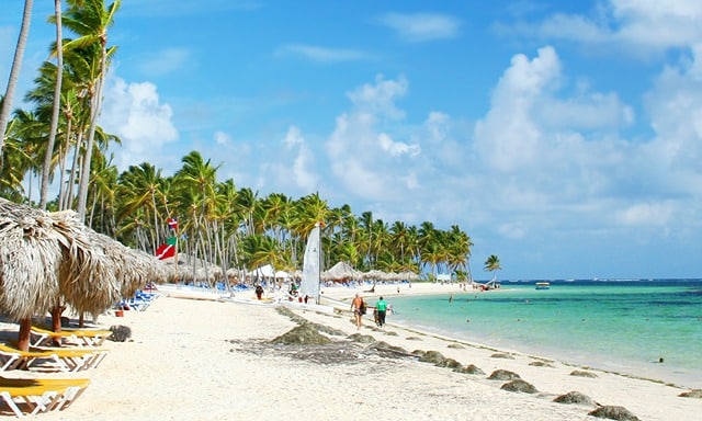 Caribbean Beach with palm trees and lounge Chairs